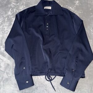Jeanne Lanvin Paris Blue Pullover Shirt Jacket 41-16 Spread Collar Laine Wool